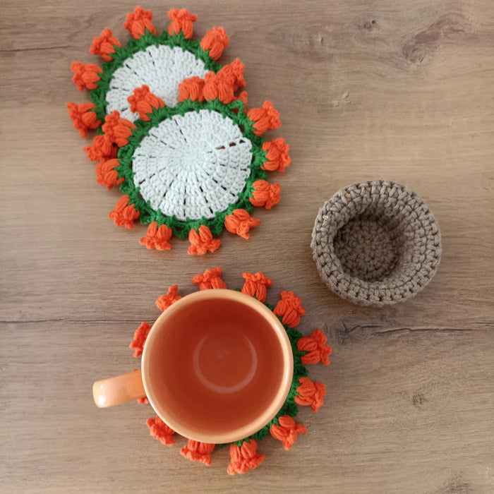 Çiçek Buketi Örgü Bardak Altlığı Seti - El Örgüsü Buketler