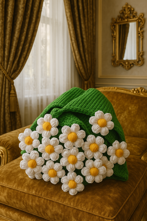 El Yapımı Puf Papatya Buket Battaniye