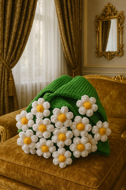 El Yapımı Puf Papatya Buket Battaniye