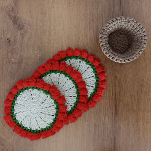 Çiçek Buketi Örgü Bardak Altlığı Seti - El Örgüsü Buketler