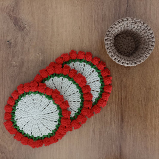 Çiçek Buketi Örgü Bardak Altlığı Seti - El Örgüsü Buketler