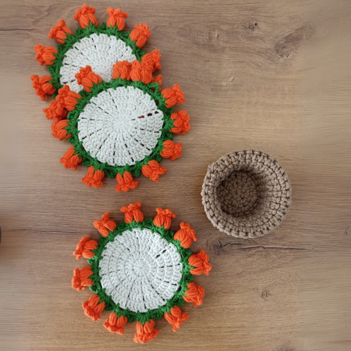 Çiçek Buketi Örgü Bardak Altlığı Seti - El Örgüsü Buketler