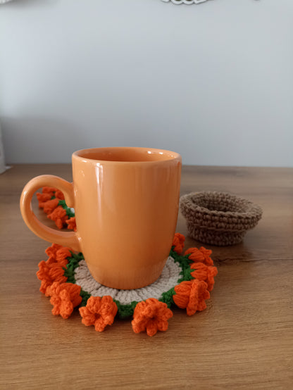 Çiçek Buketi Örgü Bardak Altlığı Seti - El Örgüsü Buketler